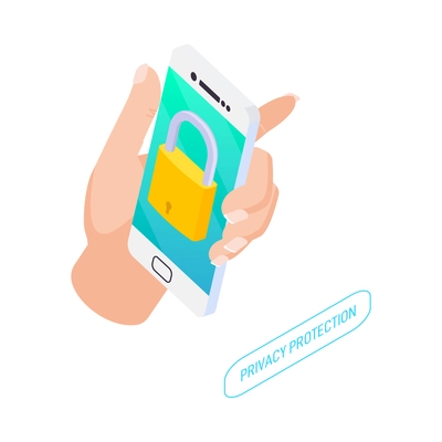 Data protection icon with human hand holding smartphone with lock on screen isometric vector illustration