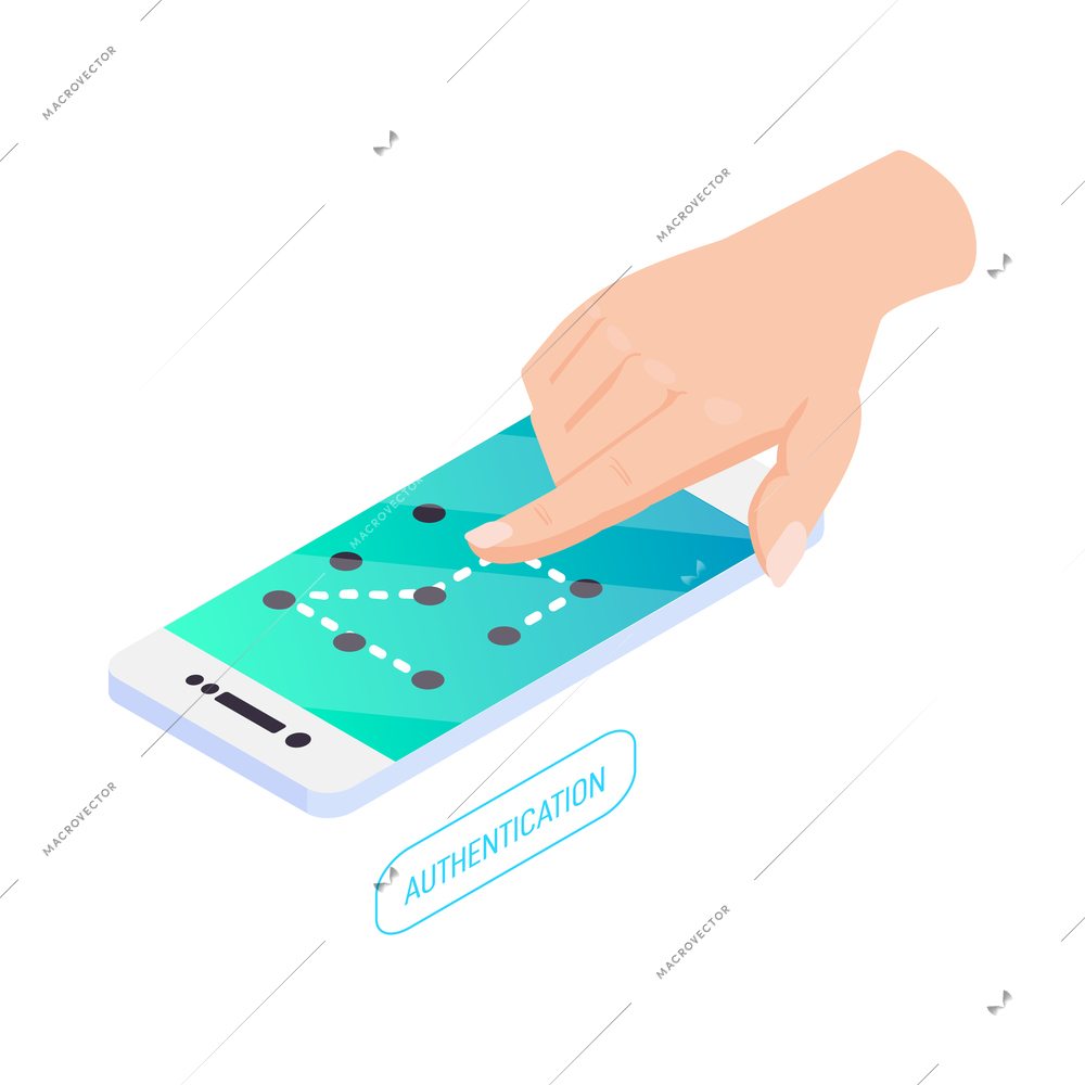 Isometric authentication icon with human hand entering passcode on smartphone screen vector illustration