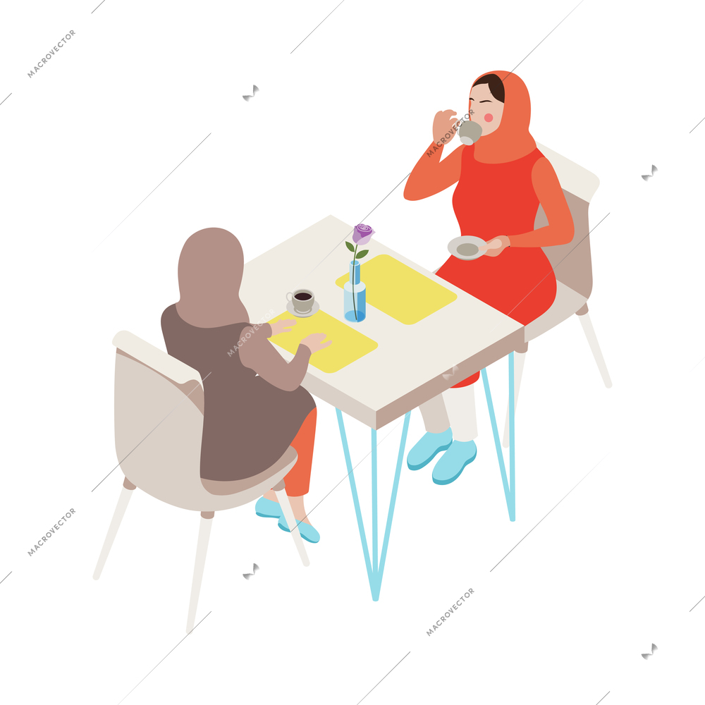 Modern saudi arabian women drinking coffee at cafe isometric icon vector illustration