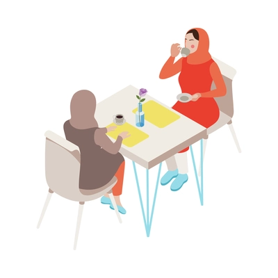 Modern saudi arabian women drinking coffee at cafe isometric icon vector illustration