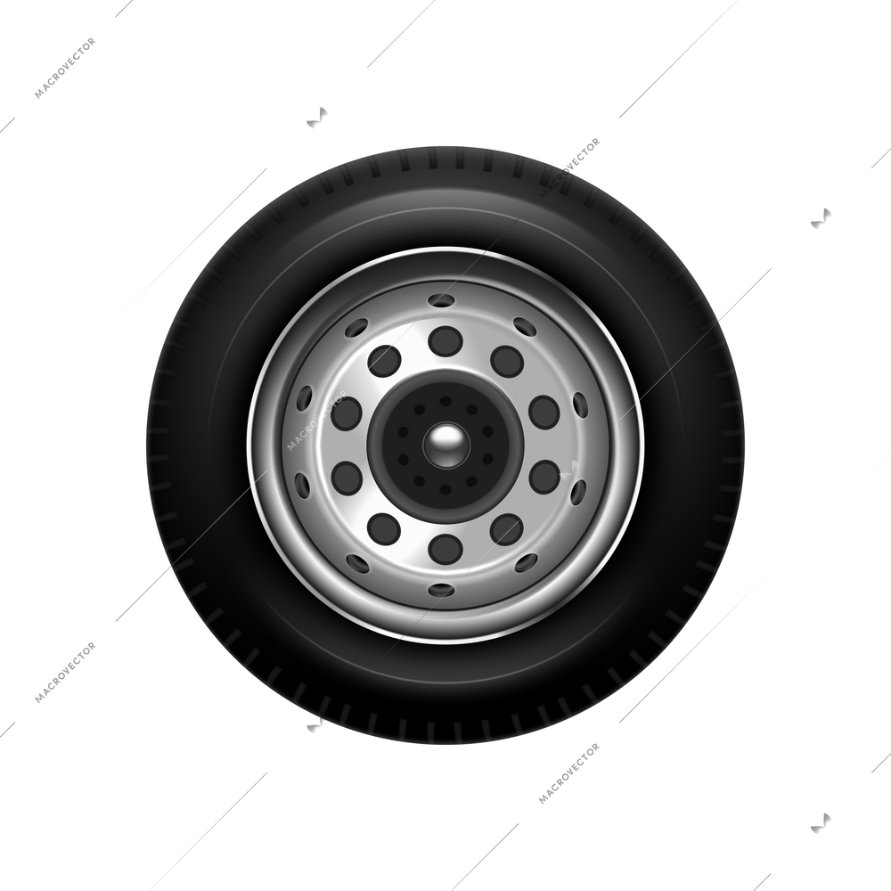 Realistic car wheel with new tyre closeup on white background vector illustration