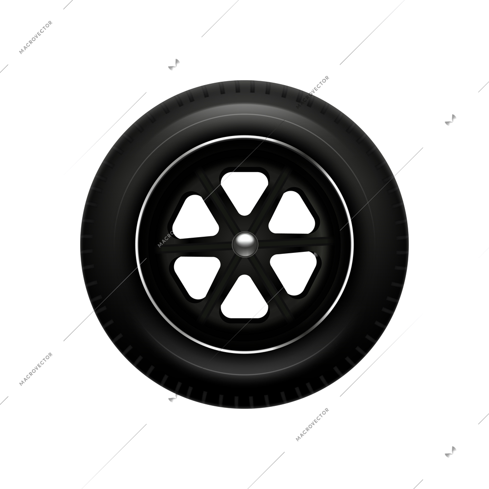 Realistic black car alloy wheel closeup on blank background vector illustration