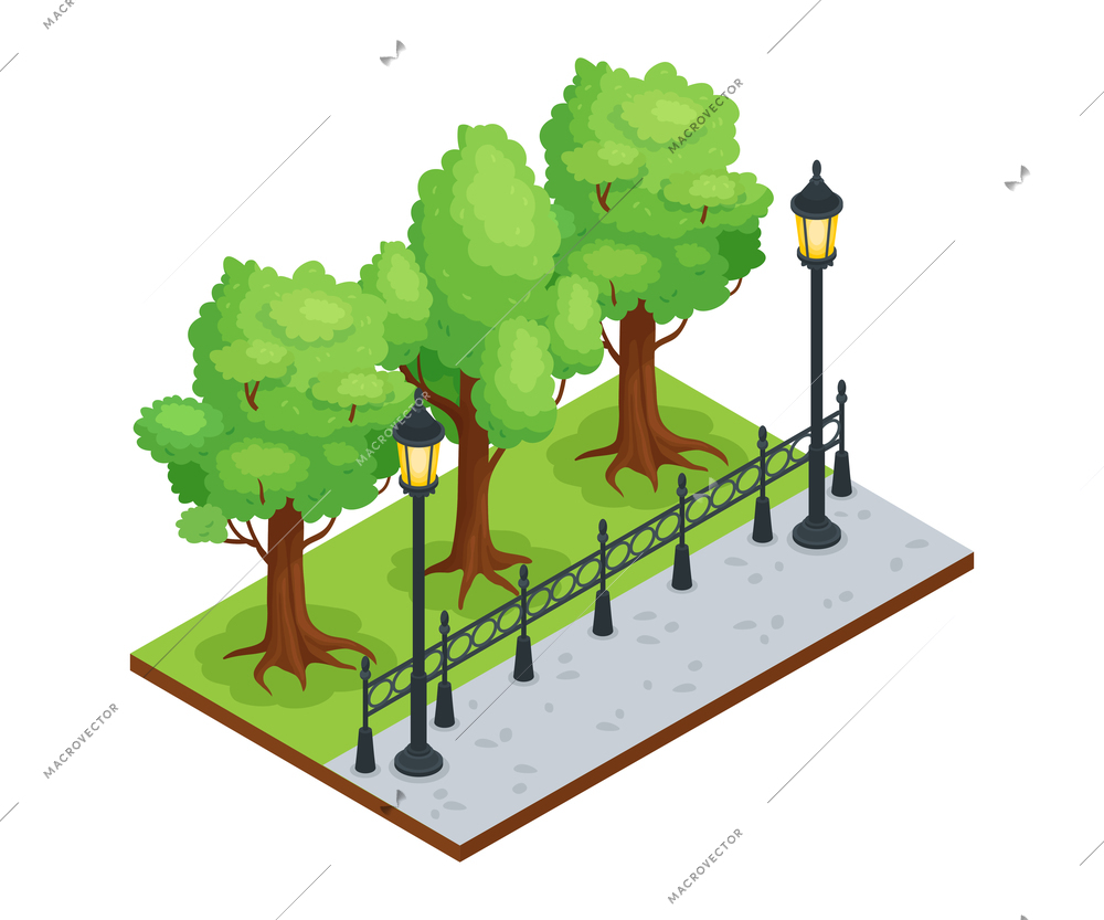 Isometric park element composition with green trees metal fence and lampposts 3d vector illustration