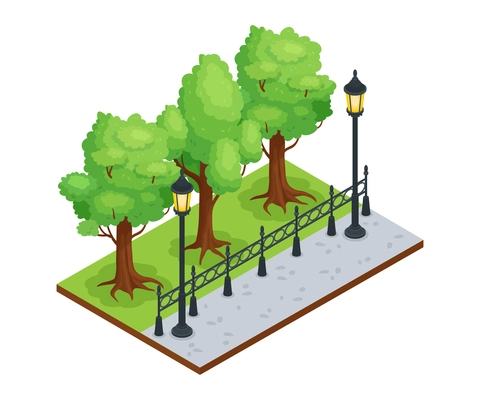 Isometric park element composition with green trees metal fence and lampposts 3d vector illustration