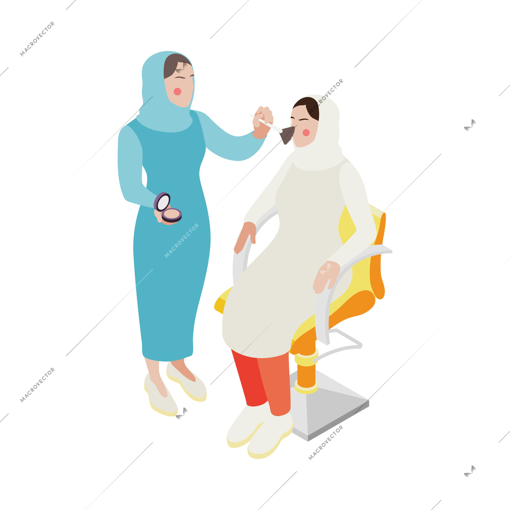 Isometric icon with modern saudi arab woman having makeup done in beauty salon vector illustration