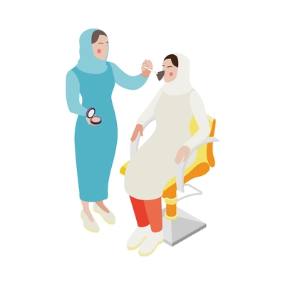 Isometric icon with modern saudi arab woman having makeup done in beauty salon vector illustration