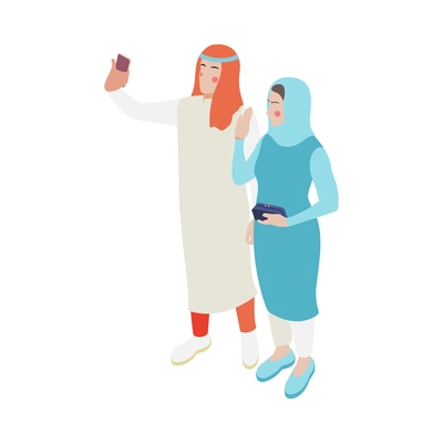 Couple of modern saudi arabs taking selfie isometric icon 3d vector illustration