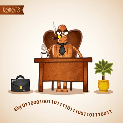 Big boss with coffee sitting at the desk in his office vector illustration