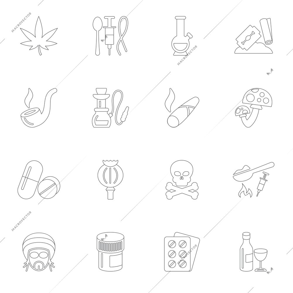 Abuse addictive poison mushroom drugs icons outline set isolated vector illustration