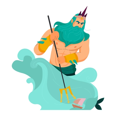 Greek god poseidon holding trident in sea cartoon vector illustration