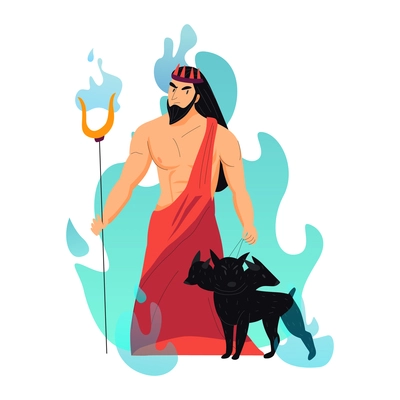 Hades greek dog holding bident with cerberus cartoon vector illustration
