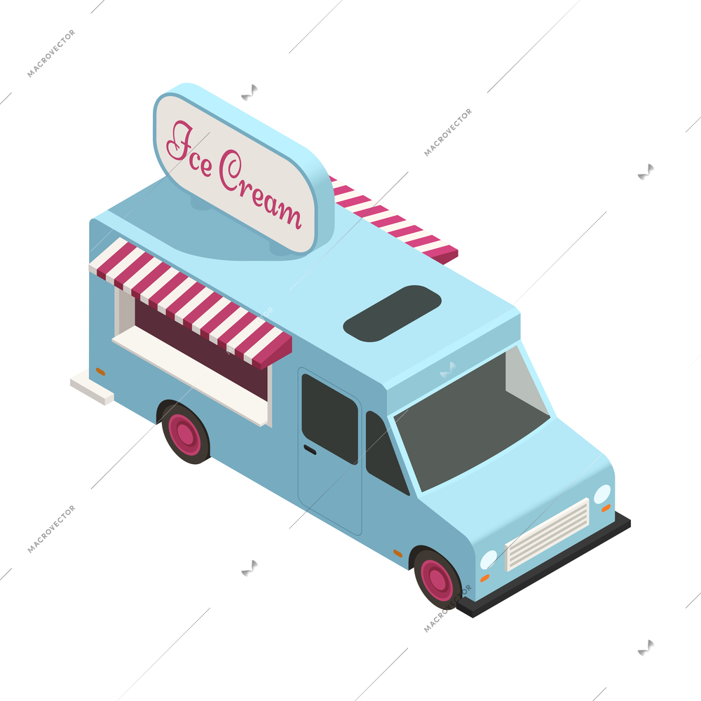 Isometric icon with retro blue ice cream truck on white background 3d vector illustration