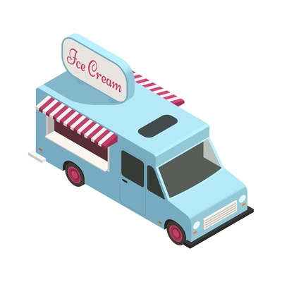 Isometric icon with retro blue ice cream truck on white background 3d vector illustration