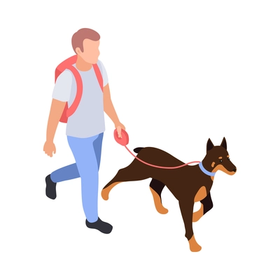 Man with backpack walking his dog on leash 3d isometric vector illustration