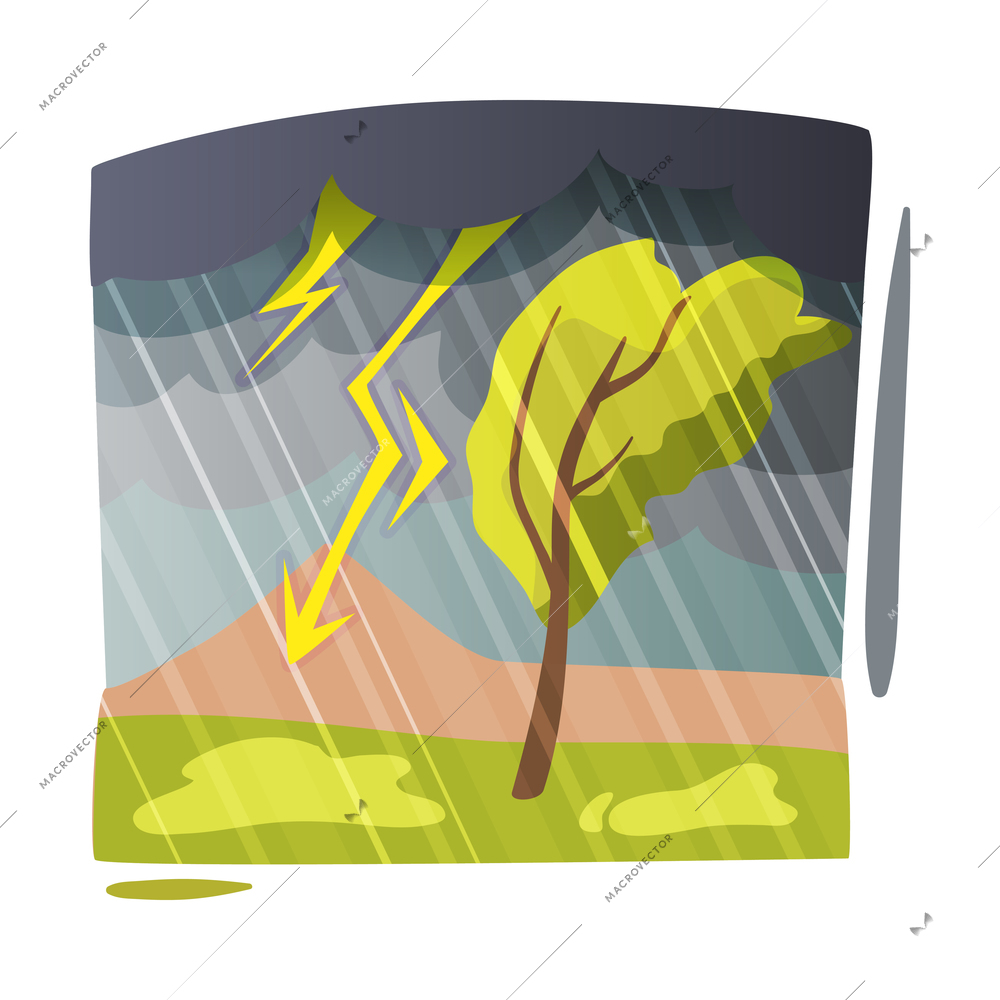 Natural disaster flat composition with wild nature landscape during severe storm and rain vector illustration