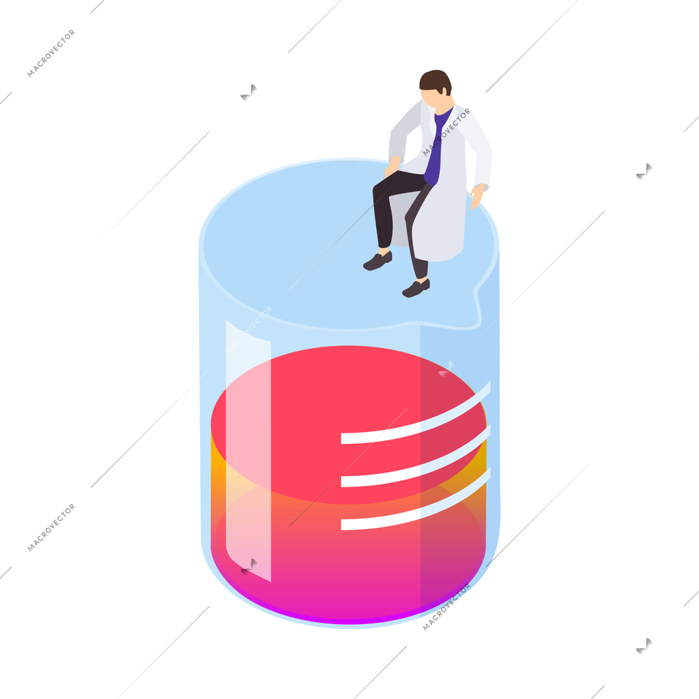 Science isometric icon with tiny scientist sitting on glass flask with reagent 3d vector illustration