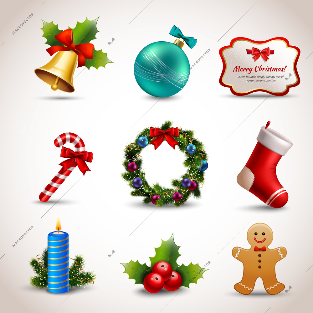 Christmas new year holiday decoration realistic icons set isolated vector illustration