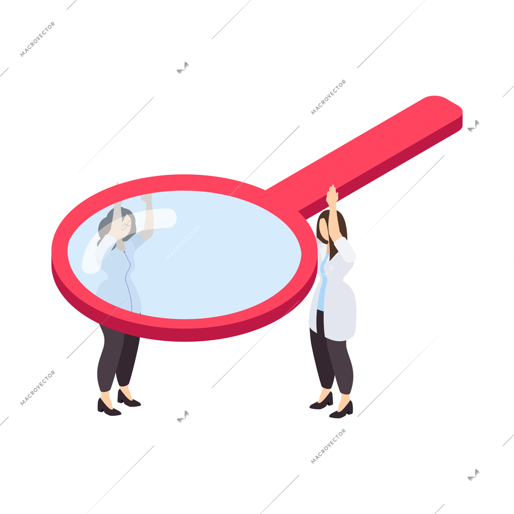 Science isometric icon with two tiny scientists holding magnifying glass 3d vector illustration