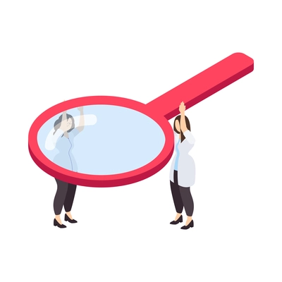 Science isometric icon with two tiny scientists holding magnifying glass 3d vector illustration