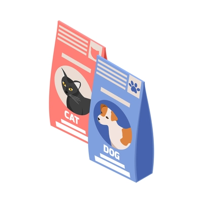 Two food packages for dogs and cats isometric color icon on white background vector illustration