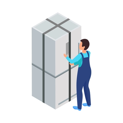 Home relocation service mover in uniform and packed fridge isometric icon 3d vector illustration