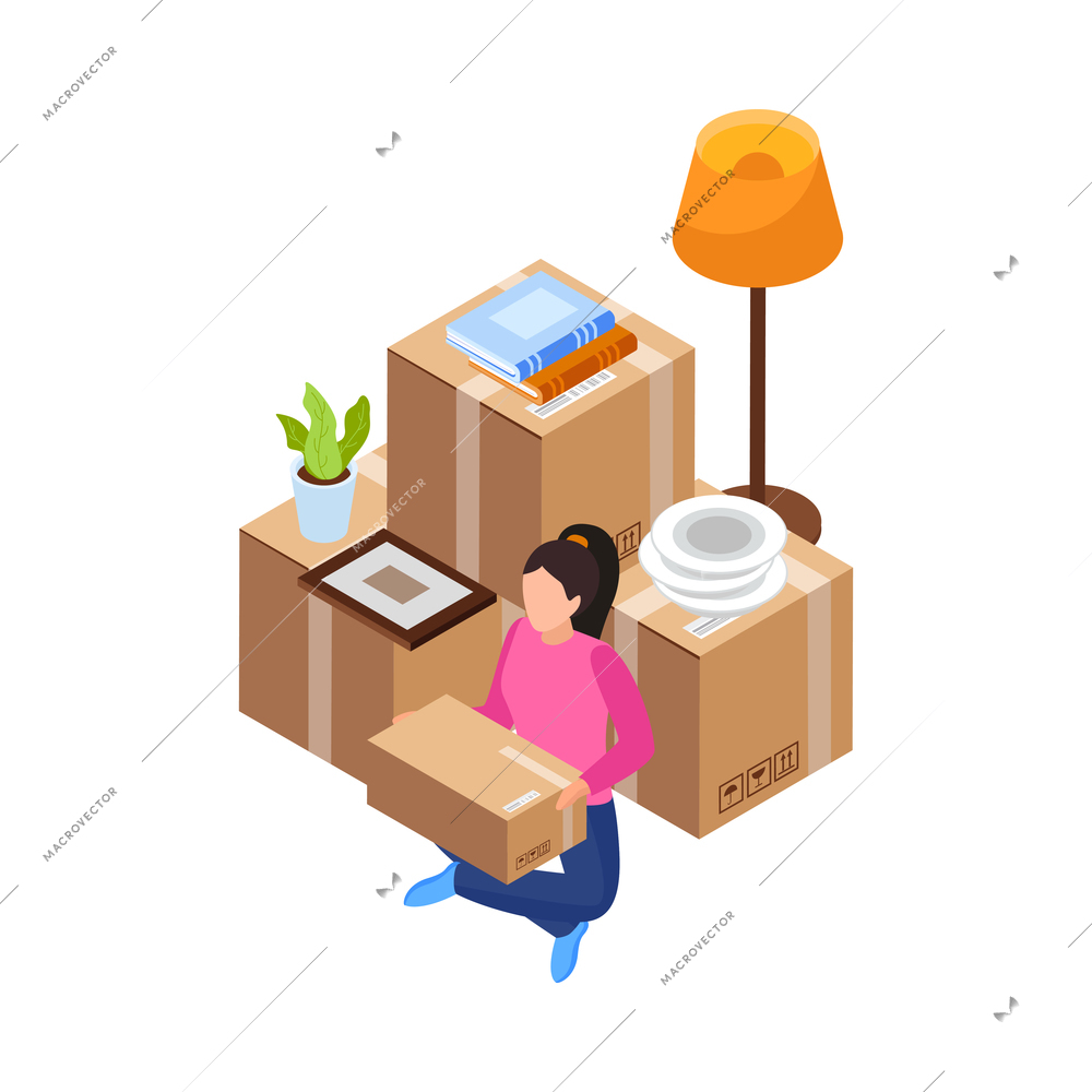 Woman packing books utensils and other things into cardboard boxes during relocation isometric icon vector illustration