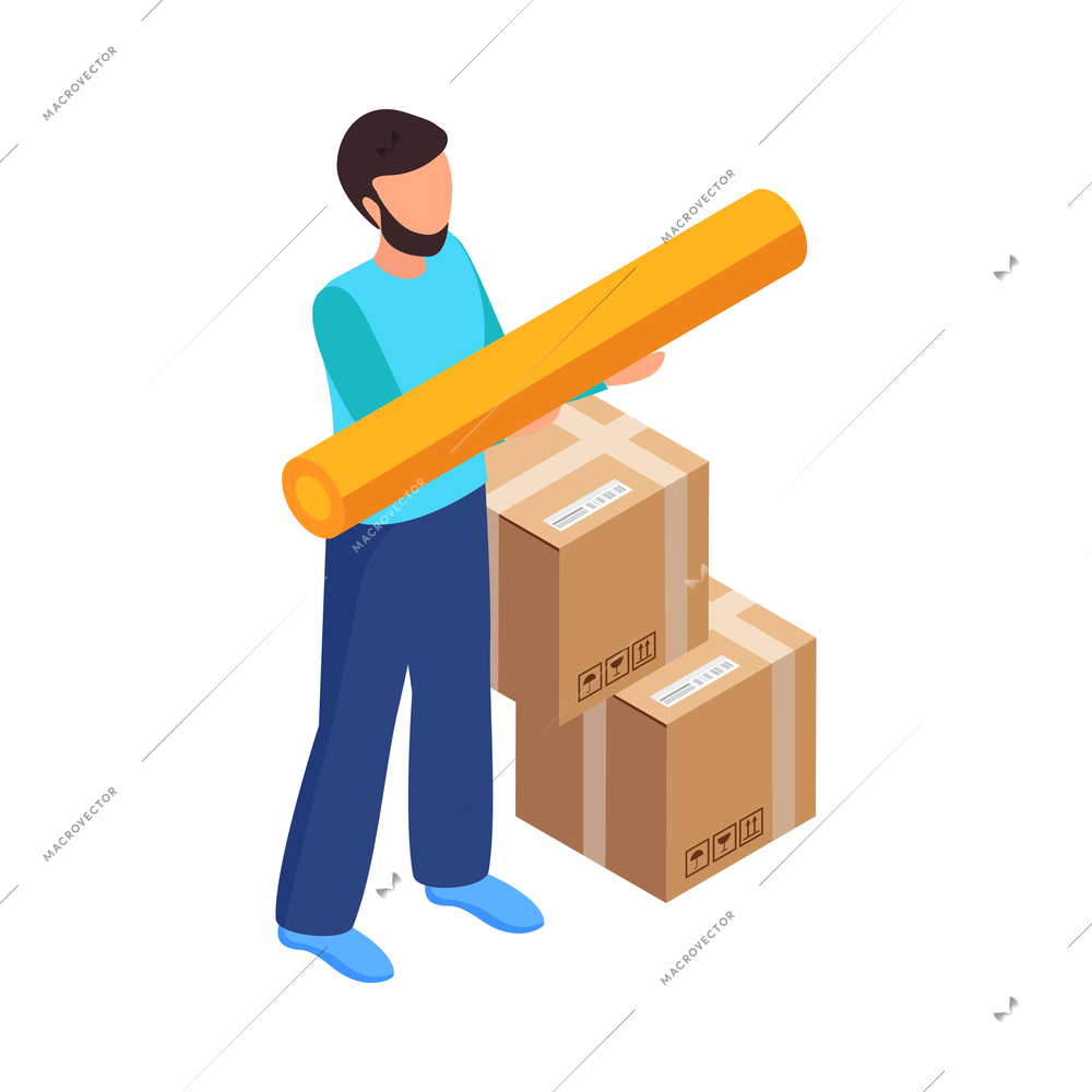 Relocation isometric icon with man holding wallpaper roll and two cardboard boxes 3d vector illustration