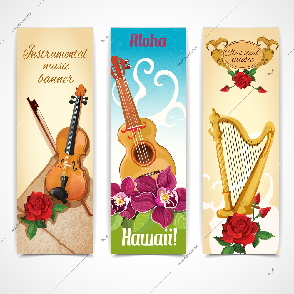 Musical instruments vertical decorative banners set with harp guitar and violin fiddle flowers isolated abstract vector illustration