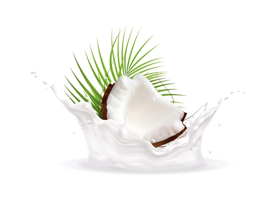 Realistic background with half coconut in milk splashes and tropical leaf vector illustration