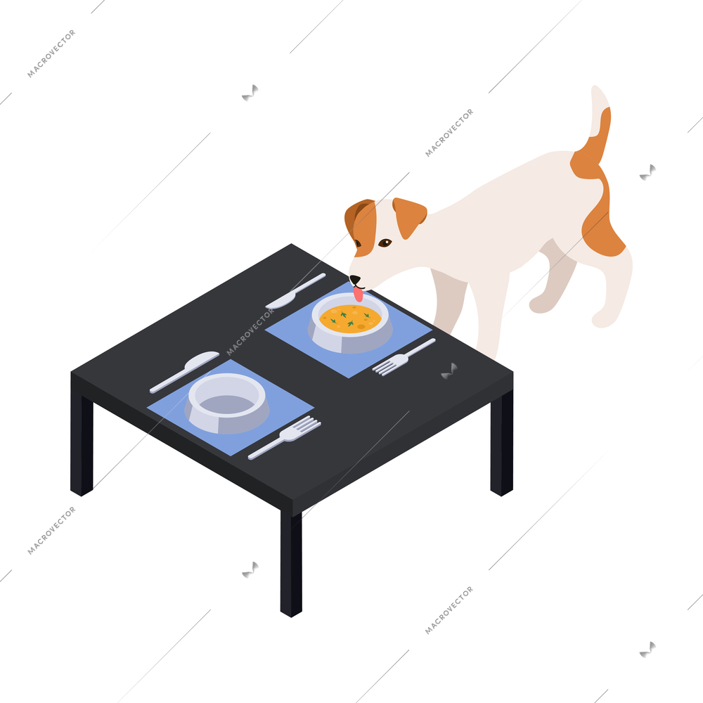 Pet service isometric icon with dog eating from bowl on table 3d vector illustration
