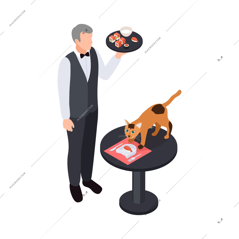 Cat having meal at pet restaurant and waiter holding tray with sushi 3d isometric icon vector illustration