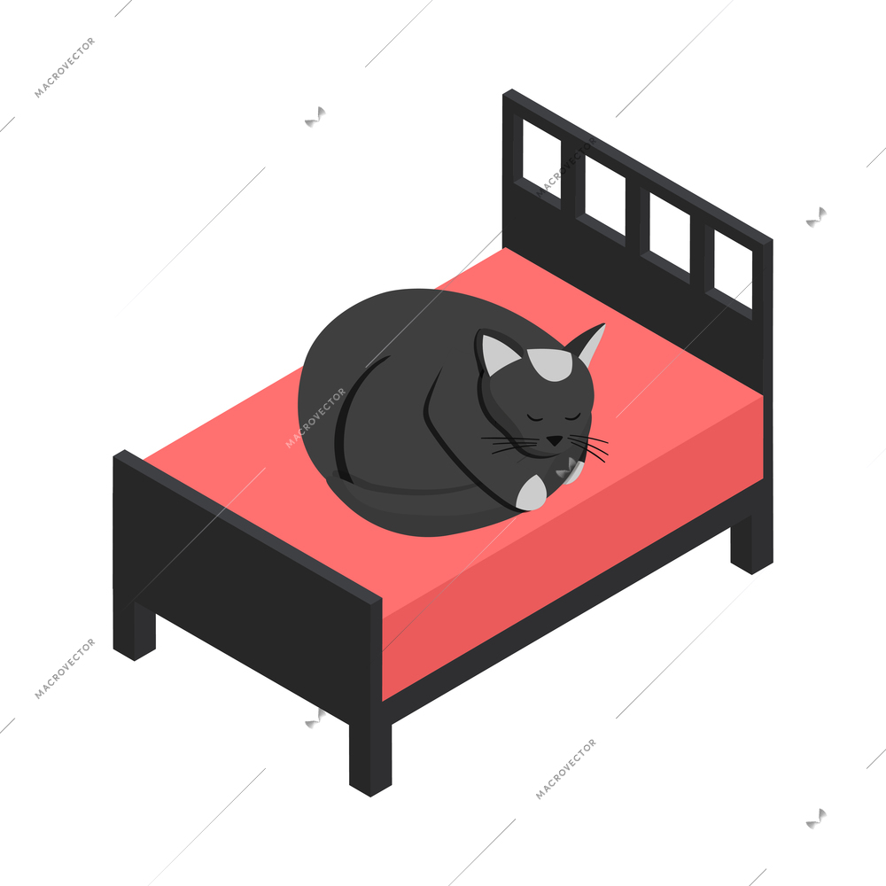 Cute black cat sleeping on bed isometric icon vector illustration