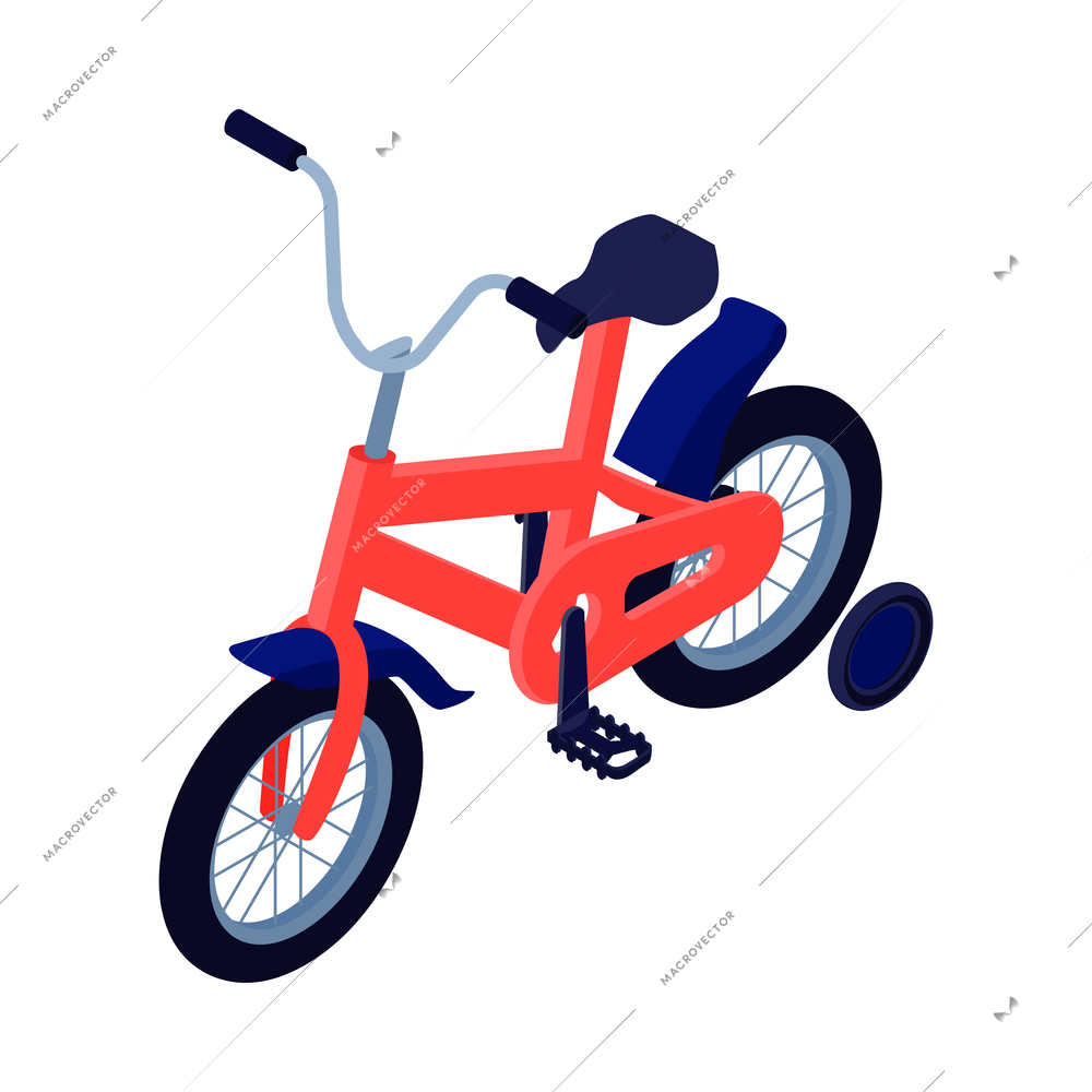 Red kid bike with four wheels isometric icon on white background vector illustration