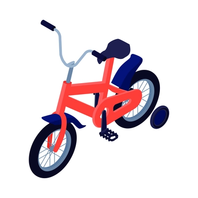 Red kid bike with four wheels isometric icon on white background vector illustration