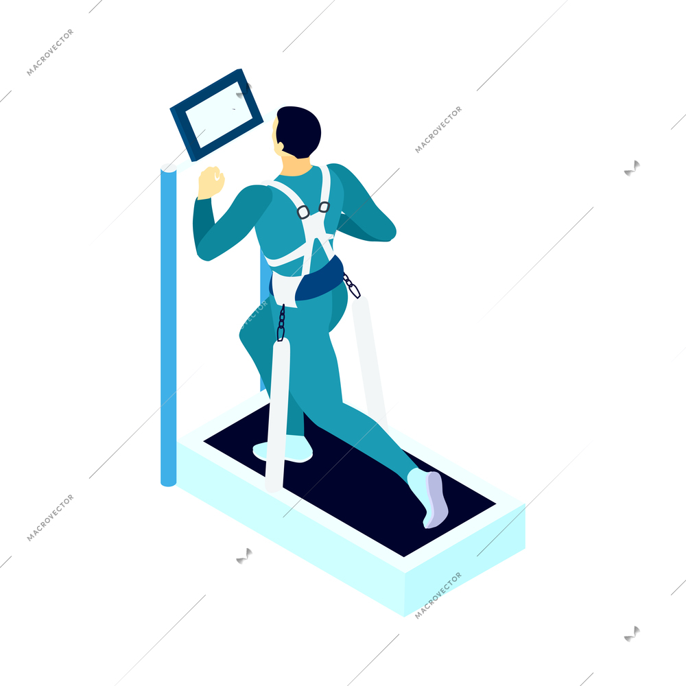 Astronaut physical training isometric icon with man running on treadmill 3d vector illustration