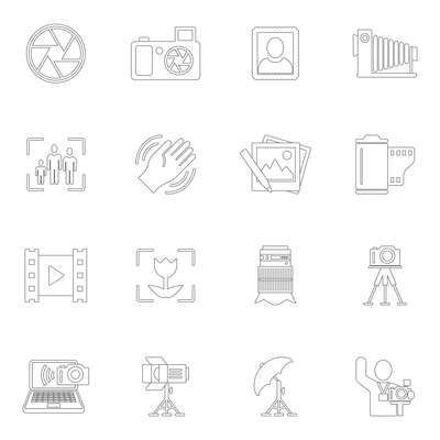 Photography equipment camera photo editing downloading icons outline isolated vector illustration