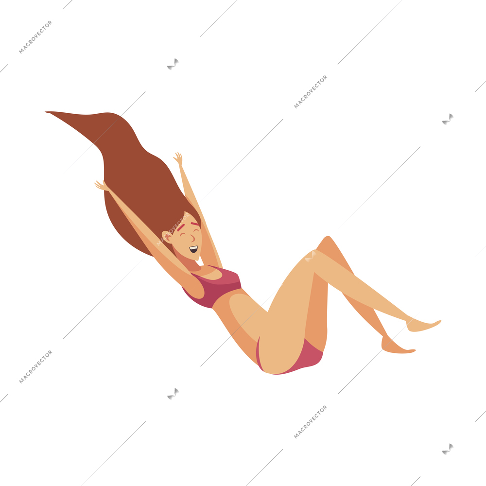 Happy long haired woman in swimsuit diving on white background cartoon vector illustration