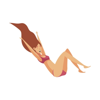 Happy long haired woman in swimsuit diving on white background cartoon vector illustration
