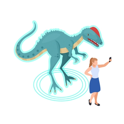 Modern museum isometric icon with visitor taking selfie with 3d hologram of dinosaur vector illustration