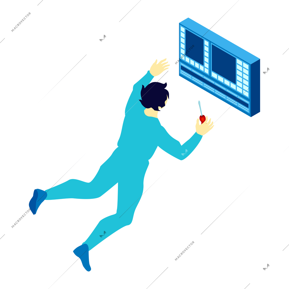 Spaceman under zero gravity with screwdriver going to fix problem at space station isometric icon vector illustration