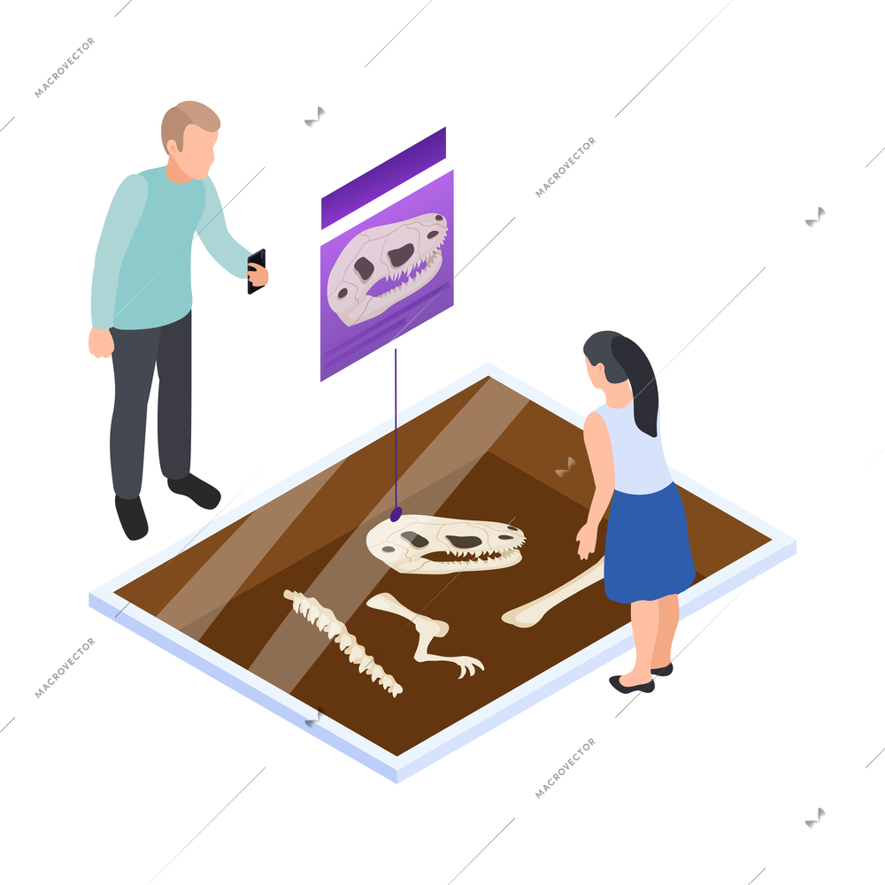 Modern museum isometric icon with people watching dinosaur skeleton at interactive exhibition 3d vector illustration