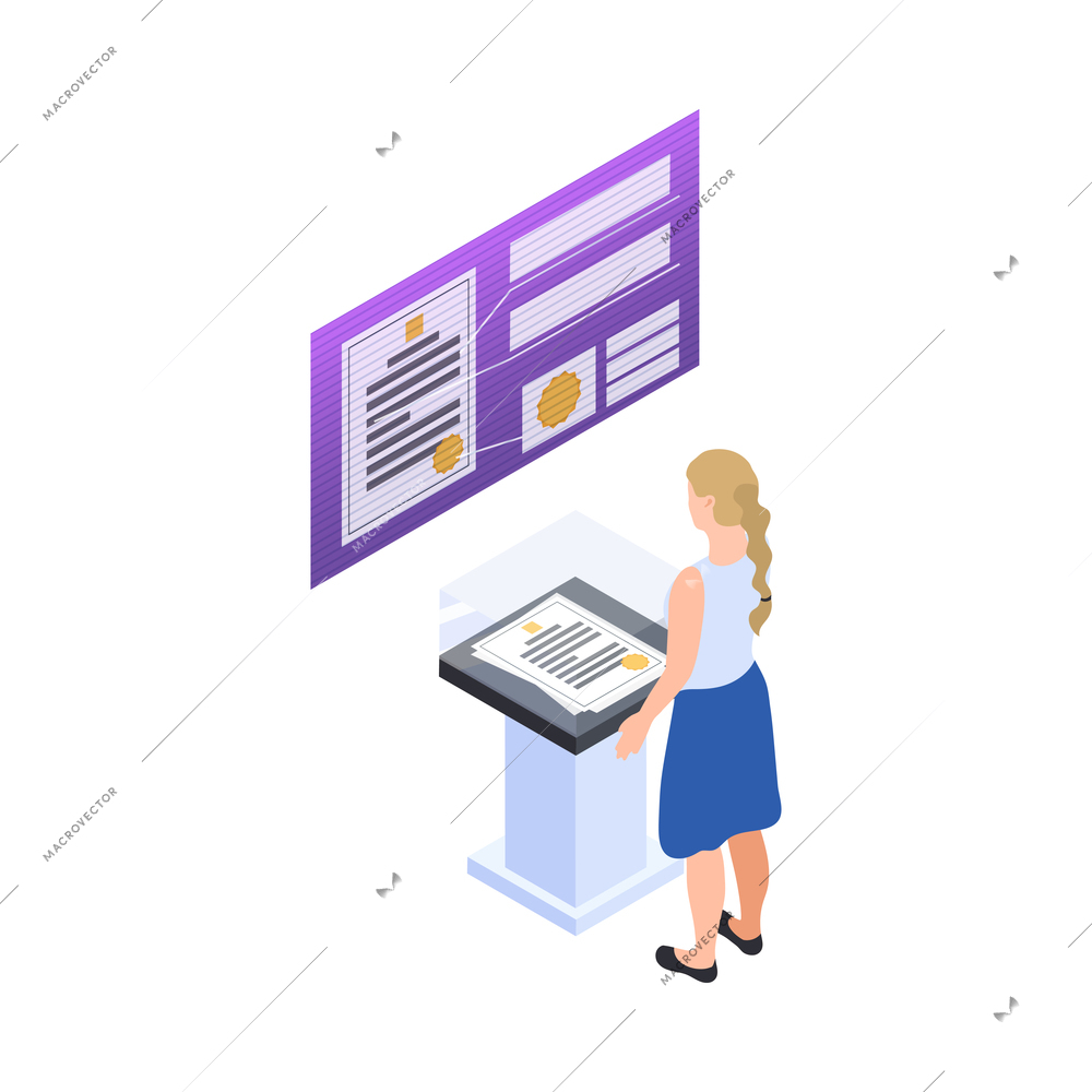 Isometric composition with woman visiting modern museum with interactive content 3d vector illustration