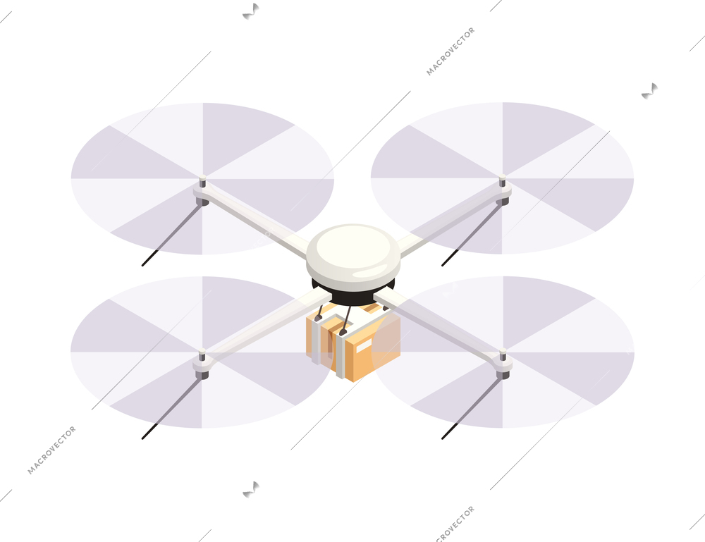 Isometric icon with quadrocopter delivering parcel in cardboard box 3d vector illustration