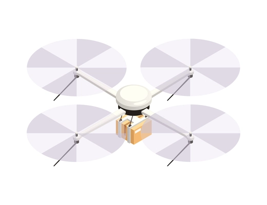 Isometric icon with quadrocopter delivering parcel in cardboard box 3d vector illustration