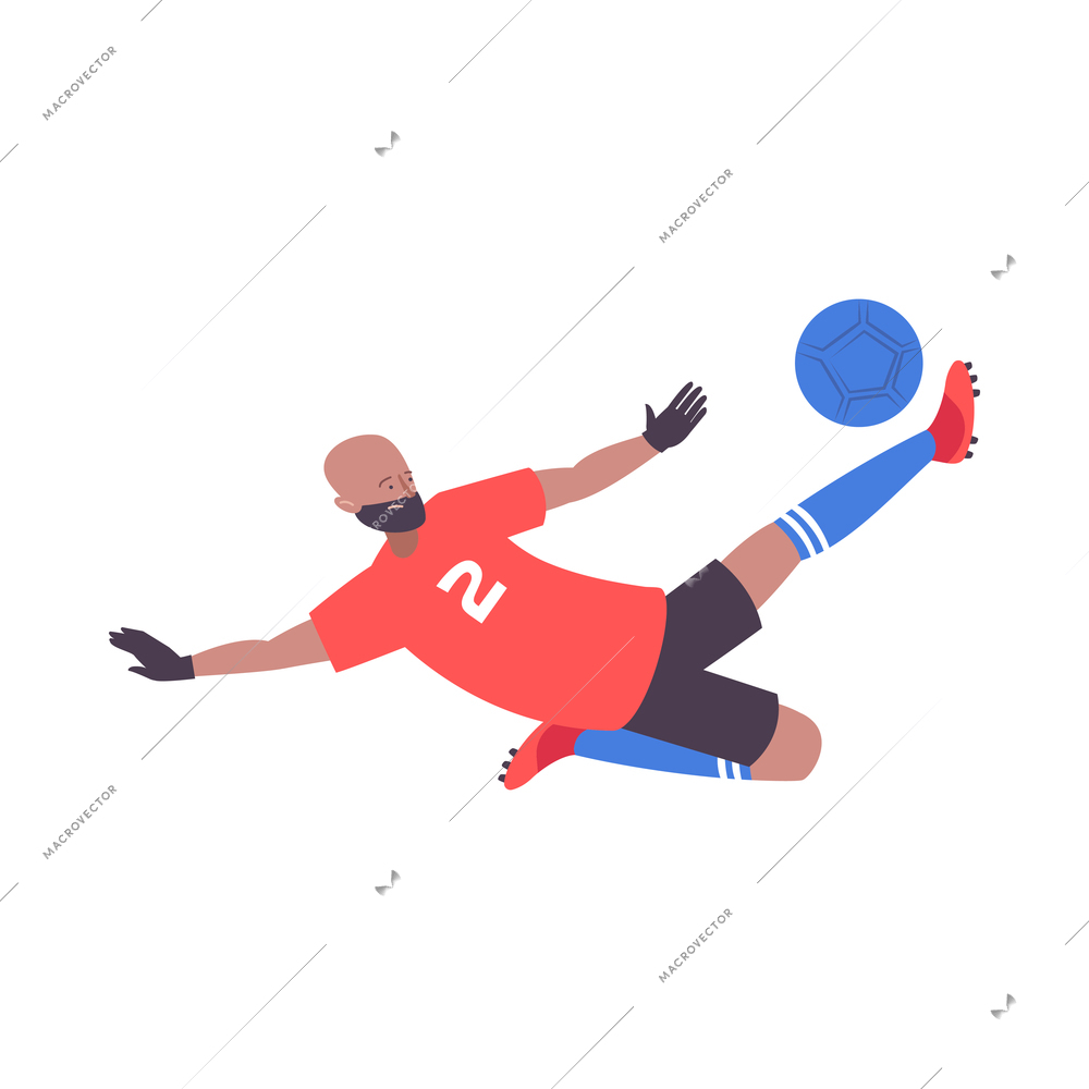 Male football player with ball during match flat icon vector illustration