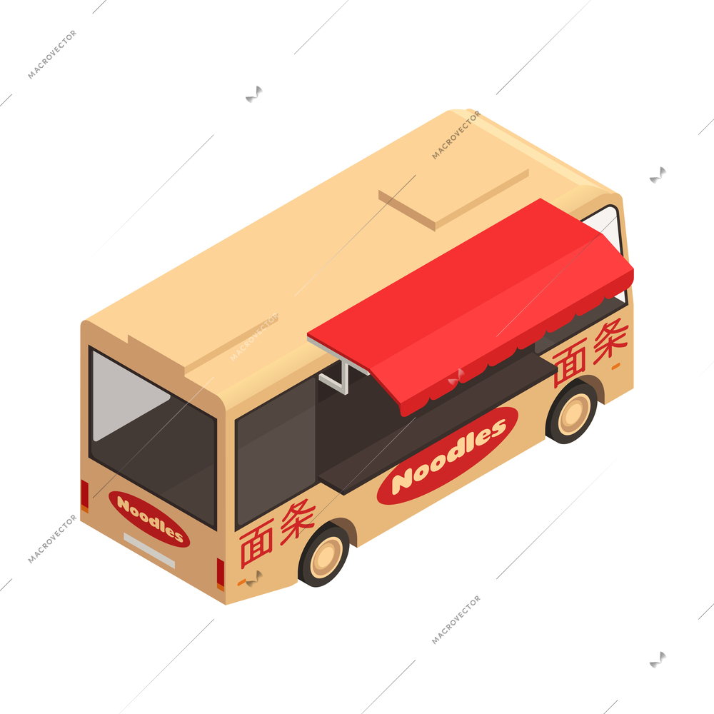 Isometric food truck with chinese noodles icon on white background 3d vector illustration