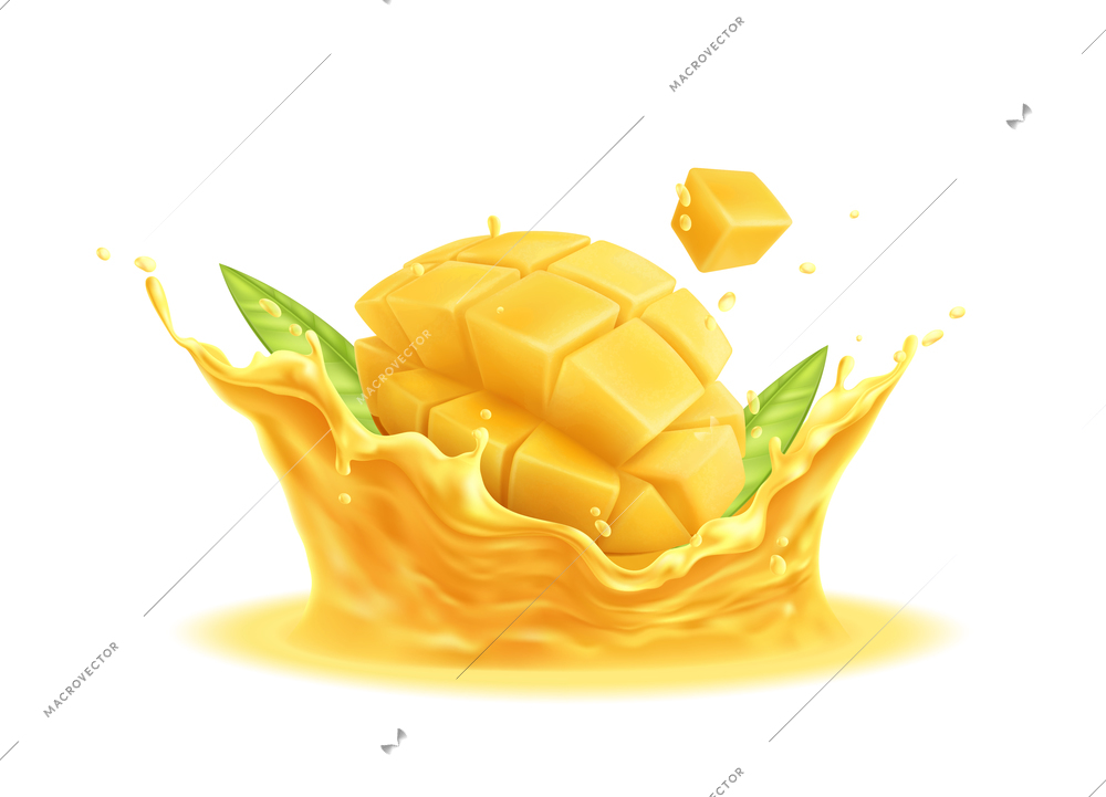 Sliced fresh mango with leaves in juice splashes realistic vector illustration