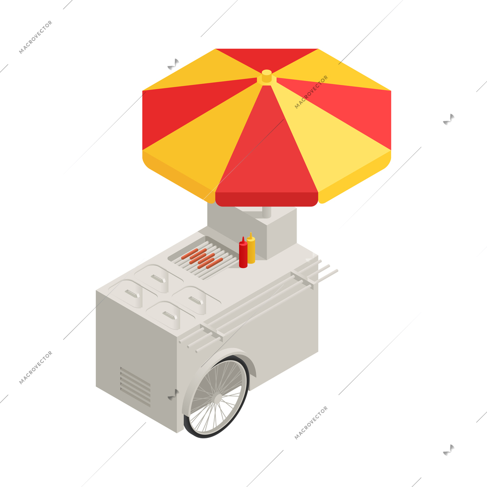 Hot dog street food cart with umbrella isometric icon 3d vector illustration