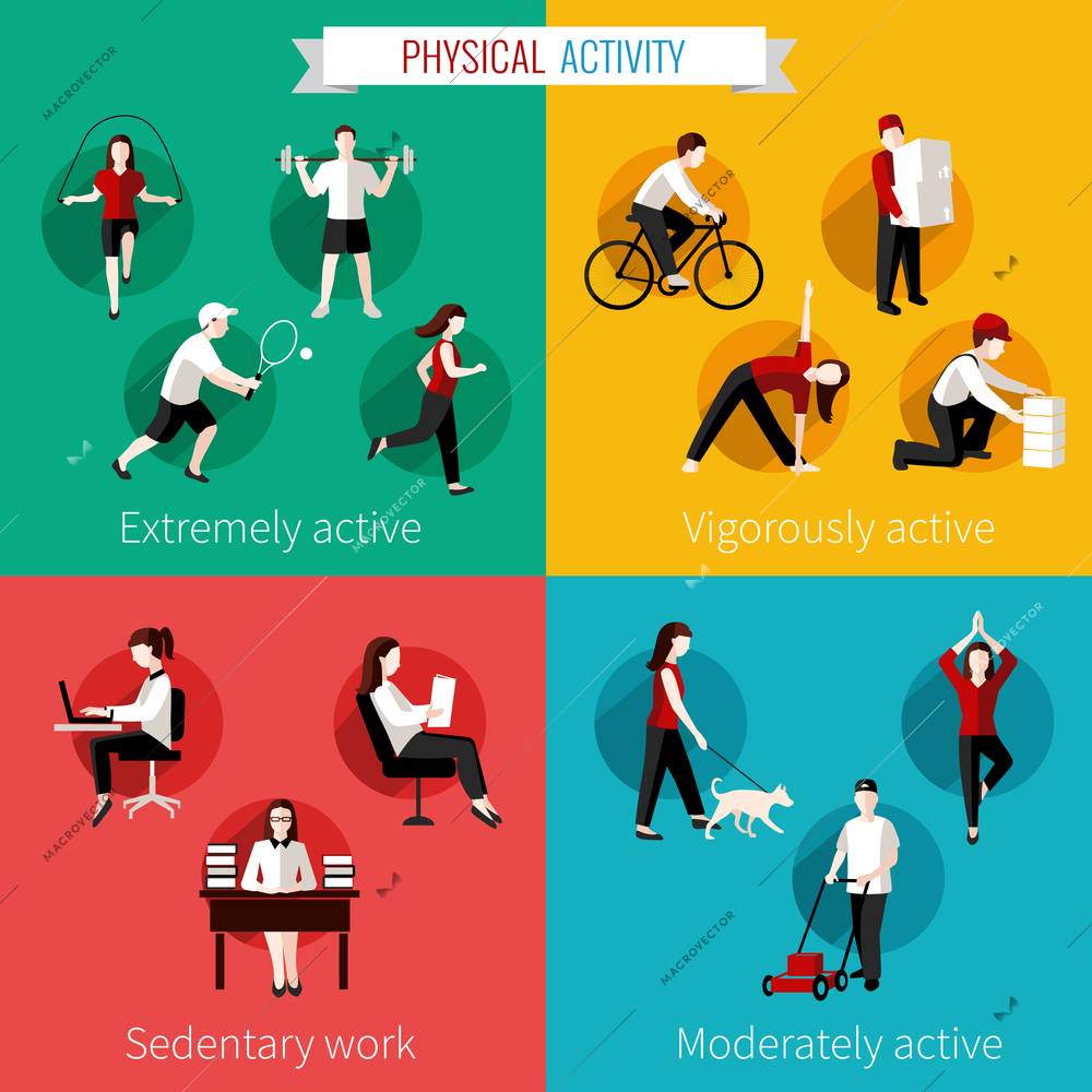 Physical activity flat set of extremely vigorously moderately active and sedentary work vector illustration