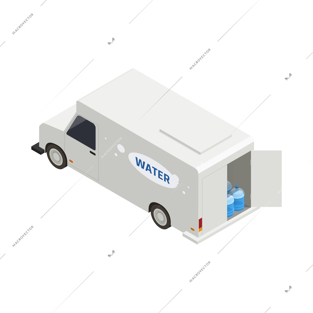 Water delivery service truck back view 3d isometric vector illustration